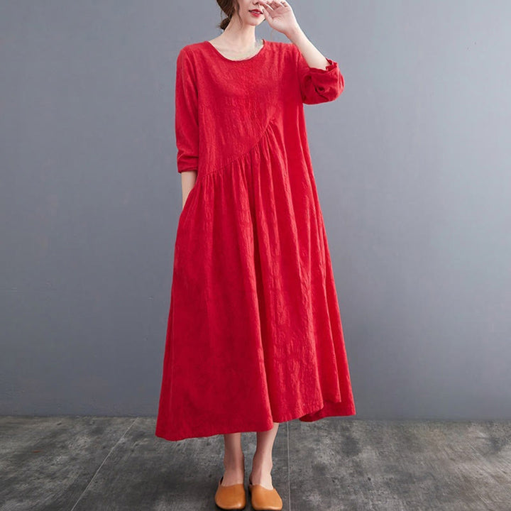 Robe mi-longue en coton et lin à manches longues et poches pour femme, motif jacquard simple Buddha Stones - image 11