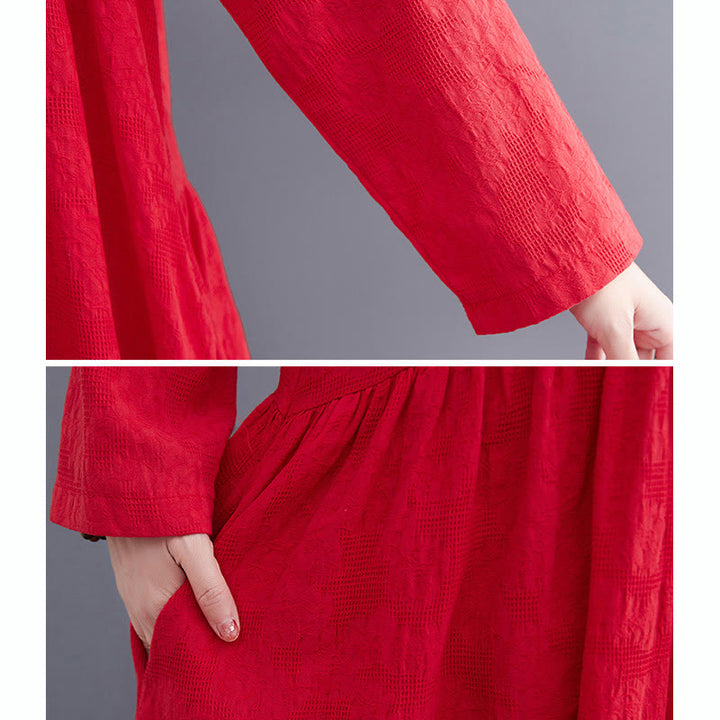 Robe mi-longue en coton et lin à manches longues et poches pour femme, motif jacquard simple Buddha Stones - image 18