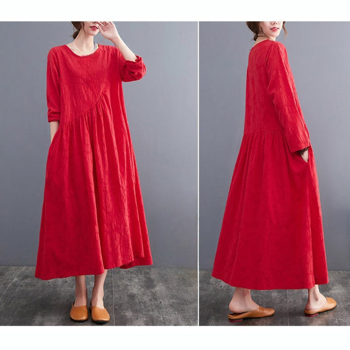 Robe mi-longue en coton et lin à manches longues et poches pour femme, motif jacquard simple Buddha Stones - image 15