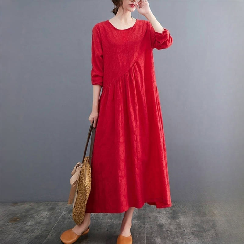 Robe mi-longue en coton et lin à manches longues et poches pour femme, motif jacquard simple Buddha Stones - image 13
