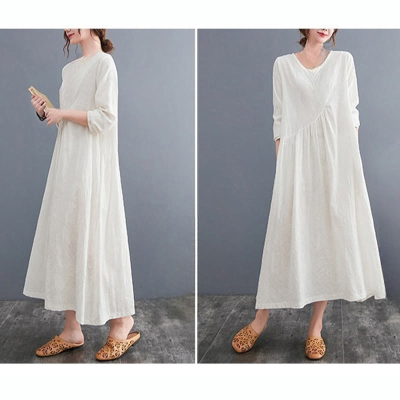 Robe mi-longue en coton et lin à manches longues et poches pour femme, motif jacquard simple Buddha Stones - image 6