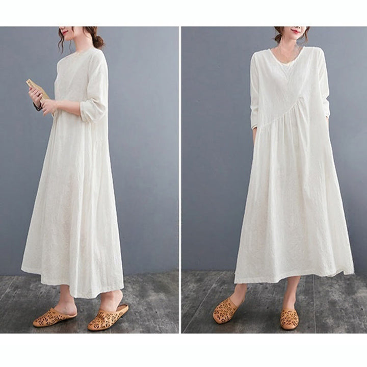 Robe mi-longue en coton et lin à manches longues et poches pour femme, motif jacquard simple Buddha Stones - image 6