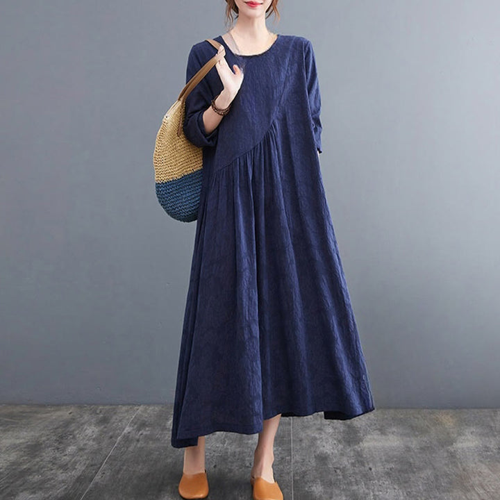 Robe mi-longue en coton et lin à manches longues et poches pour femme, motif jacquard simple Buddha Stones - image 24