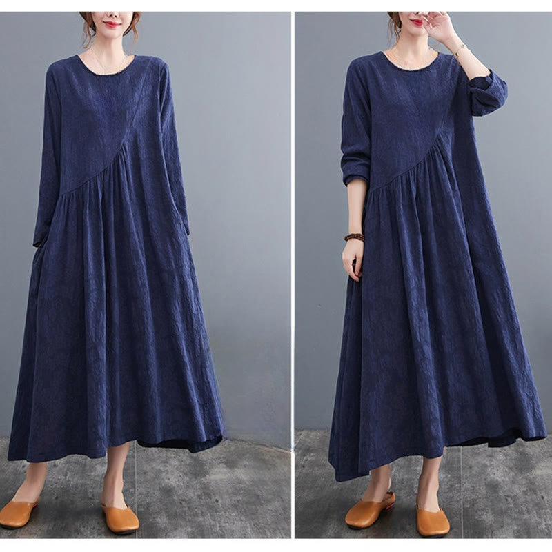 Robe mi-longue en coton et lin à manches longues et poches pour femme, motif jacquard simple Buddha Stones - image 26