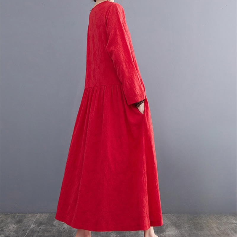 Robe mi-longue en coton et lin à manches longues et poches pour femme, motif jacquard simple Buddha Stones - image 14