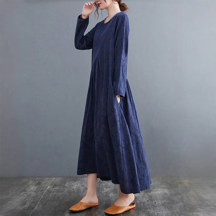 Robe mi-longue en coton et lin à manches longues et poches pour femme, motif jacquard simple Buddha Stones - image 21