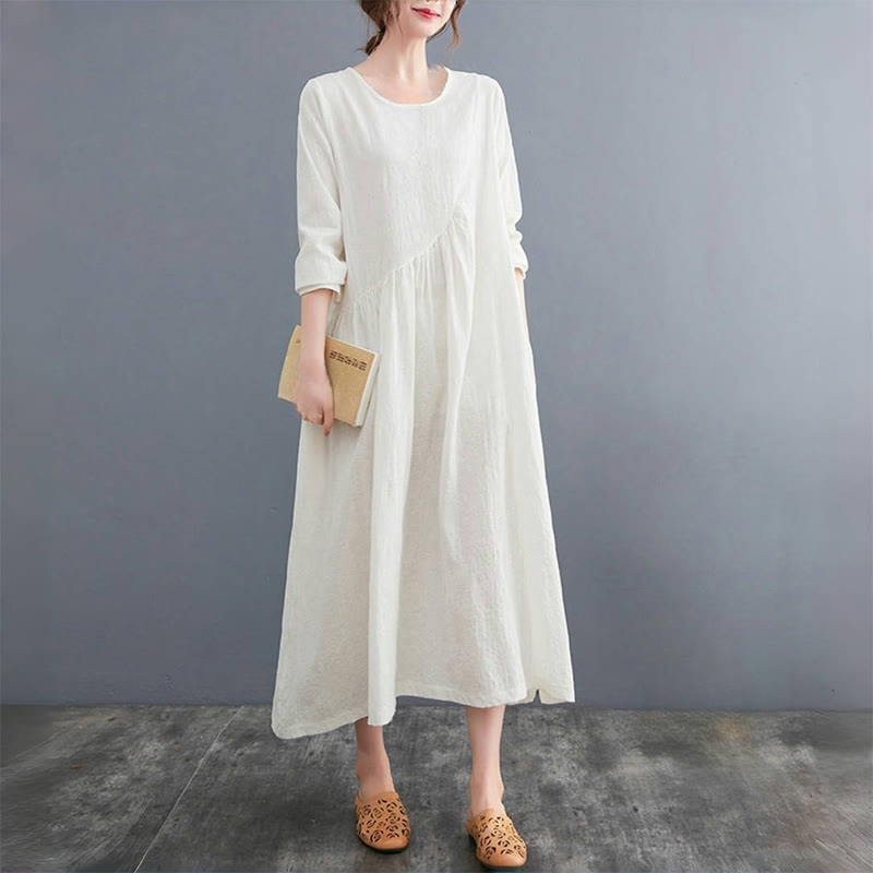 Robe mi-longue en coton et lin à manches longues et poches pour femme, motif jacquard simple Buddha Stones - image 3