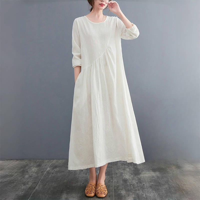 Robe mi-longue en coton et lin à manches longues et poches pour femme, motif jacquard simple Buddha Stones - image 1