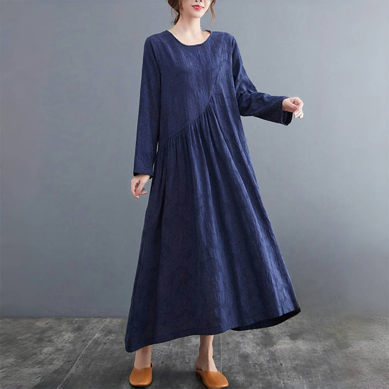 Robe mi-longue en coton et lin à manches longues et poches pour femme, motif jacquard simple Buddha Stones - image 23
