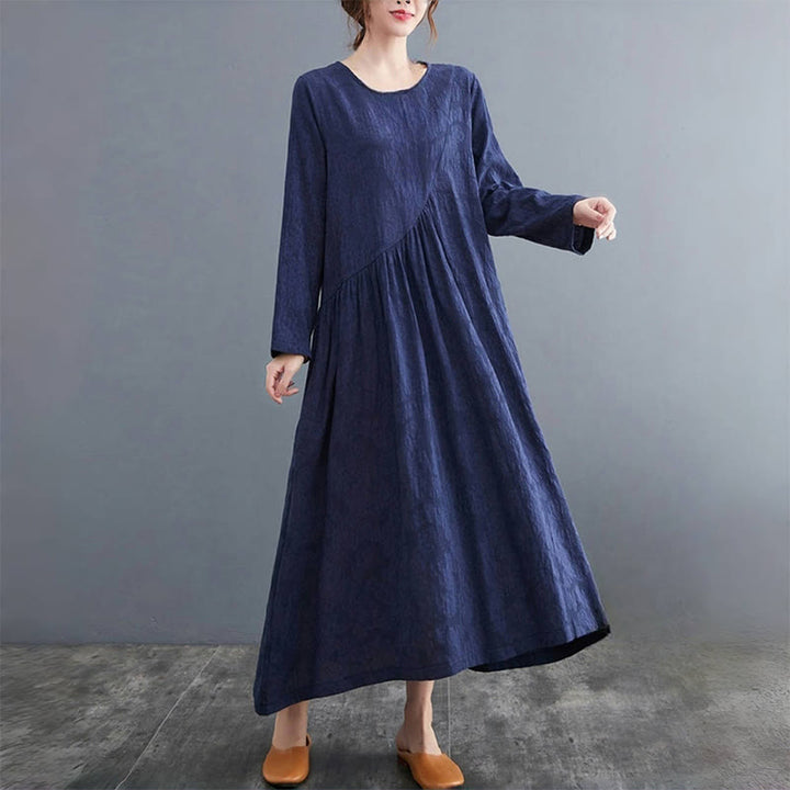 Robe mi-longue en coton et lin à manches longues et poches pour femme, motif jacquard simple Buddha Stones - image 23
