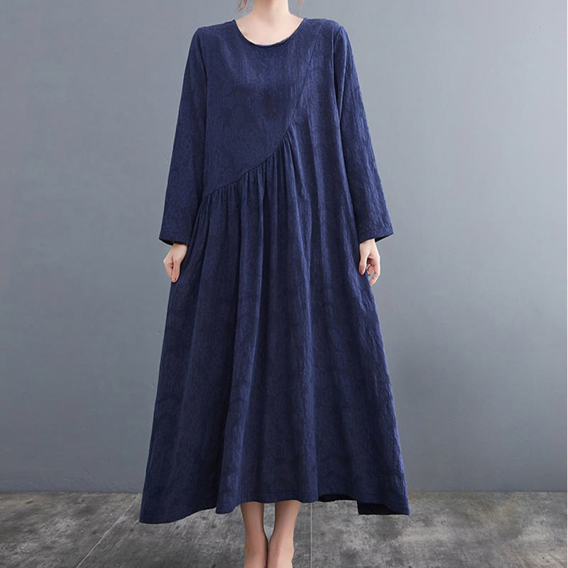 Robe mi-longue en coton et lin à manches longues et poches pour femme, motif jacquard simple Buddha Stones - image 25