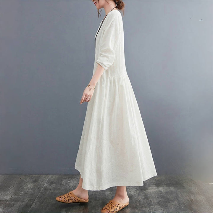 Robe mi-longue en coton et lin à manches longues et poches pour femme, motif jacquard simple Buddha Stones - image 2