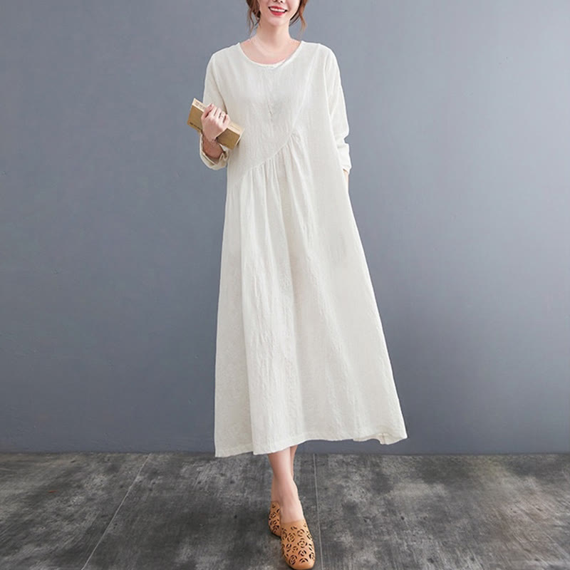 Robe mi-longue en coton et lin à manches longues et poches pour femme, motif jacquard simple Buddha Stones - image 4