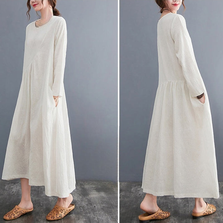 Robe mi-longue en coton et lin à manches longues et poches pour femme, motif jacquard simple Buddha Stones - image 5