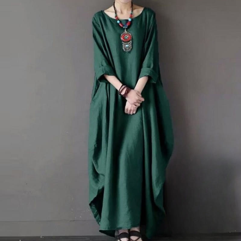 Robe longue en coton à manches trois-quarts et motif Buddha Stones pour femme - Vert foncé - US16，UK/AU20，EU48 (5XL) - image 9