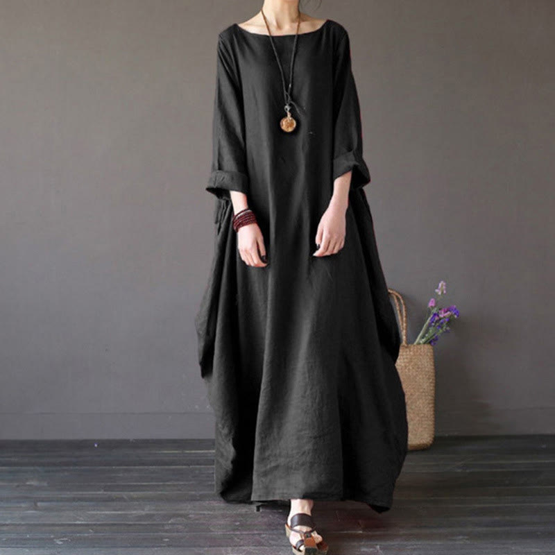 Robe longue en coton à manches trois-quarts et motif Buddha Stones pour femme - Noir - US16，UK/AU20，EU48 (5XL) - image 11
