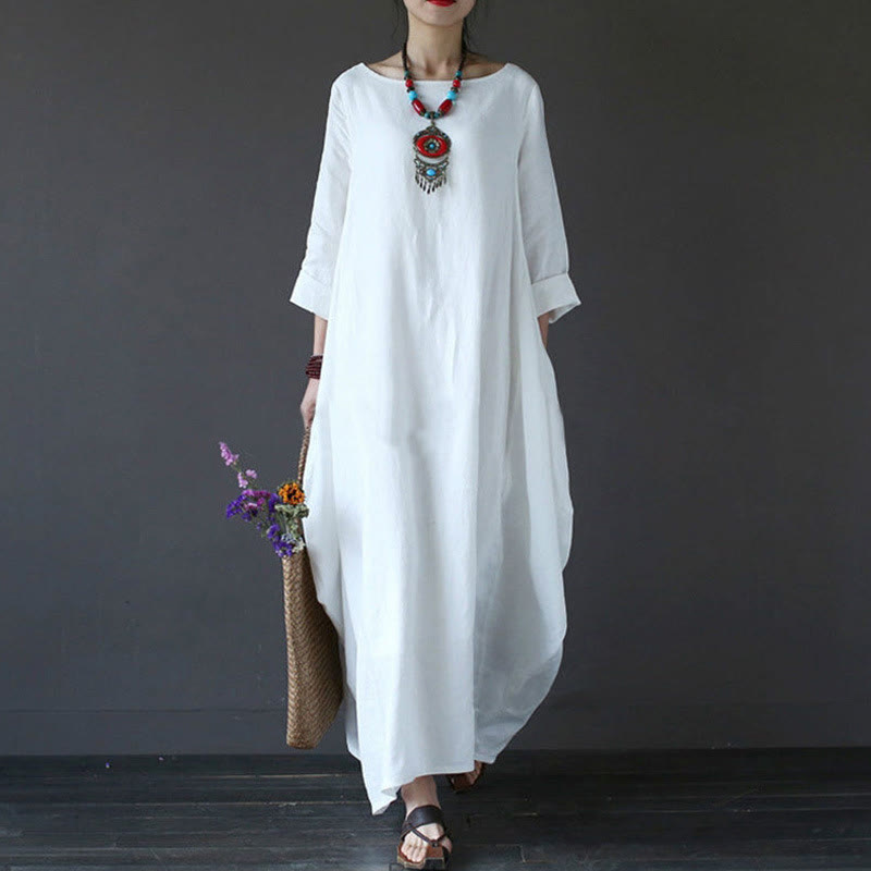 Robe longue en coton à manches trois-quarts et motif Buddha Stones pour femme - Blanc - US16，UK/AU20，EU48 (5XL) - image 0