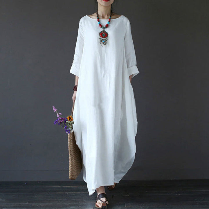 Robe longue en coton à manches trois-quarts et motif Buddha Stones pour femme - Blanc - US16，UK/AU20，EU48 (5XL) - image 0