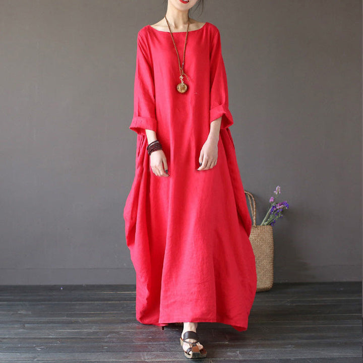 Robe longue en coton à manches trois-quarts et motif Buddha Stones pour femme - Rouge - US16，UK/AU20，EU48 (5XL) - image 5