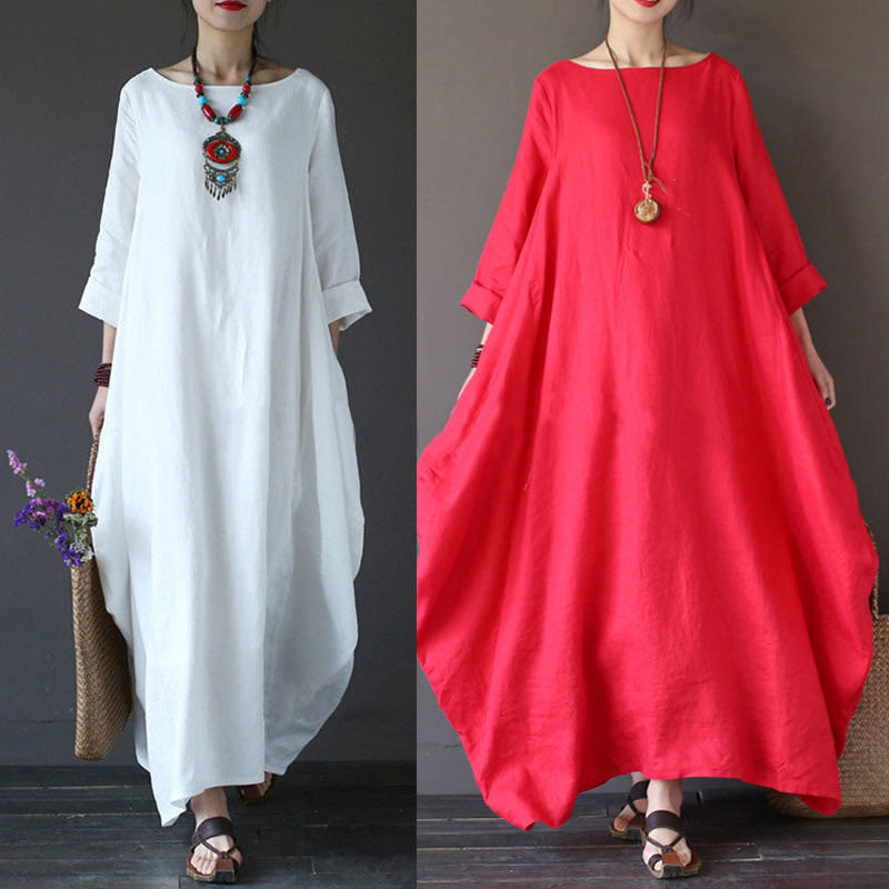 Robe longue en coton à manches trois-quarts et motif Buddha Stones pour femme - image 5