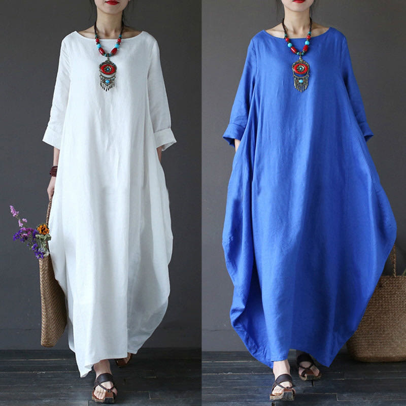 Robe longue en coton à manches trois-quarts et motif Buddha Stones pour femme - image 11
