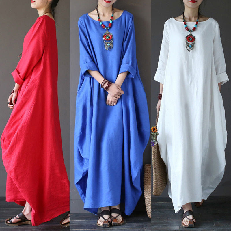Robe longue en coton à manches trois-quarts et motif Buddha Stones pour femme - image 7
