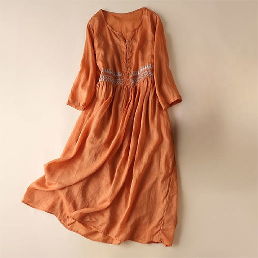 Robe mi-longue en coton à manches 9/4 et poches, broderie géométrique de Buddha Stones