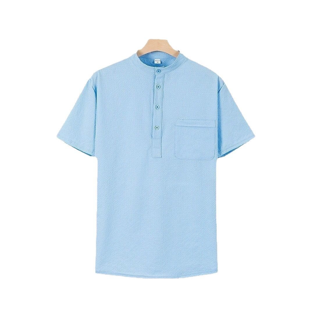 Polo à carreaux et demi-boutons pour homme, couleur unie, motif Buddha Stones, manches courtes - Bleu ciel clair - US/UK/AU46，EU56 (3XL) - image 0
