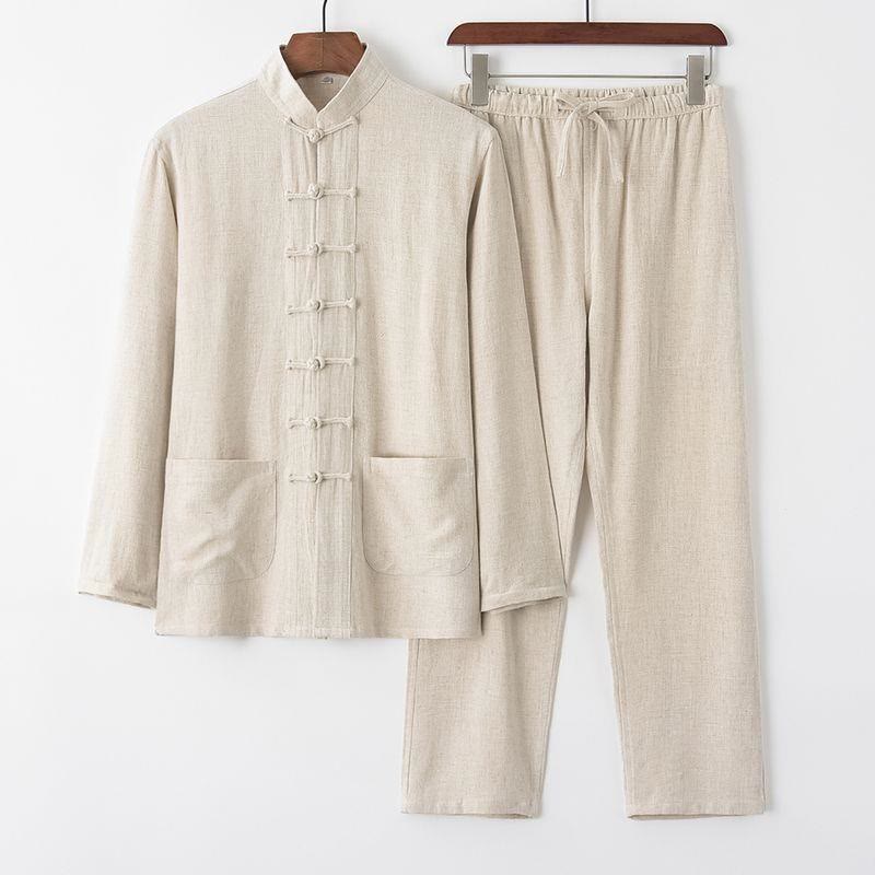 Ensemble 2 pièces pour homme, chemise à manches longues et pantalon en lin et coton, motif Buddha Stones - Beige - US/UK/AU44，EU54 (4XL) - image 0
