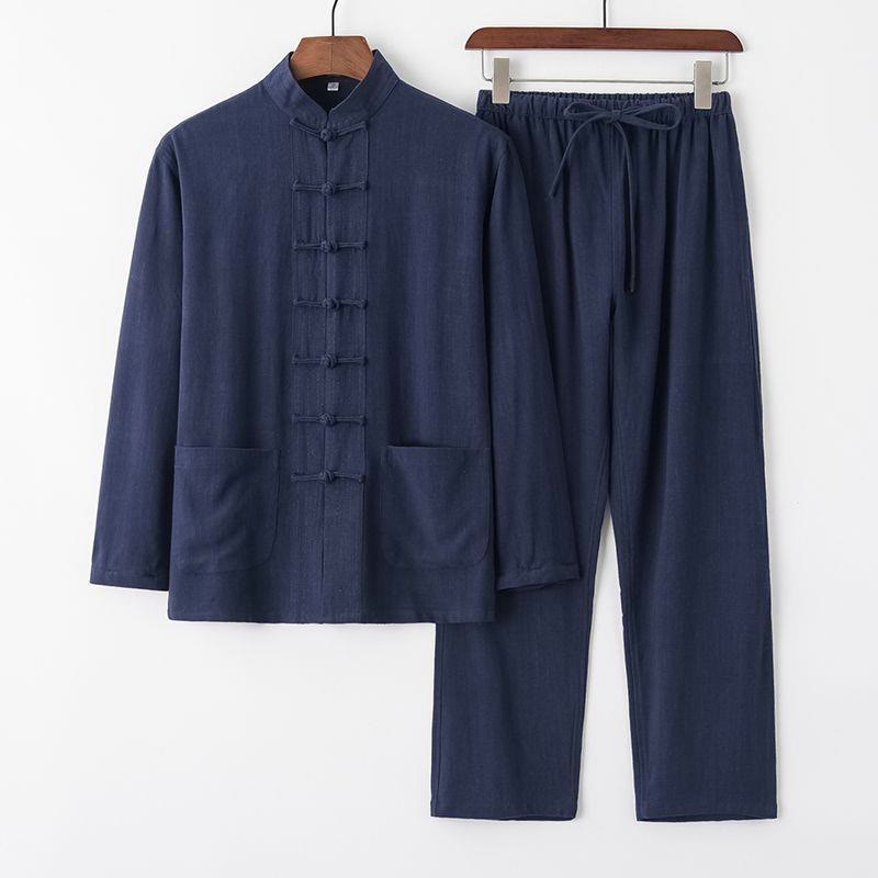 Ensemble 2 pièces pour homme, chemise à manches longues et pantalon en lin et coton, motif Buddha Stones - Bleu acier - US/UK/AU44，EU54 (4XL) - image 13