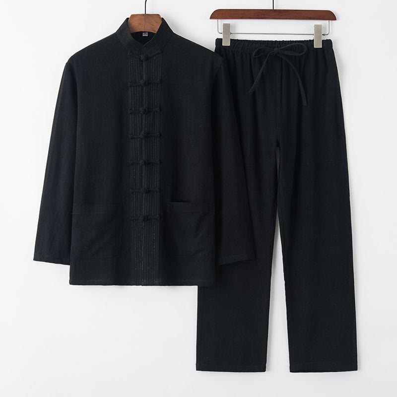 Ensemble 2 pièces pour homme, chemise à manches longues et pantalon en lin et coton, motif Buddha Stones - Noir - US/UK/AU44，EU54 (4XL) - image 12