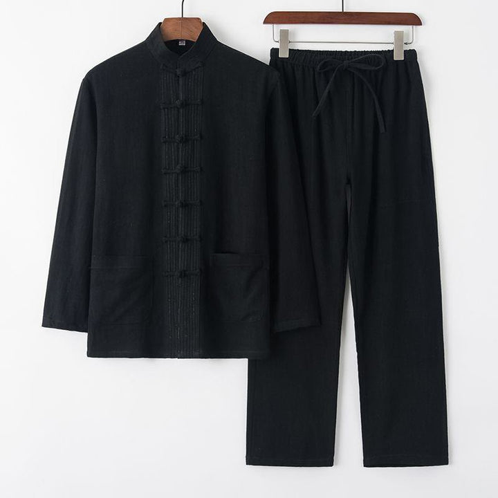 Ensemble 2 pièces pour homme, chemise à manches longues et pantalon en lin et coton, motif Buddha Stones - Noir - US/UK/AU44，EU54 (4XL) - image 12
