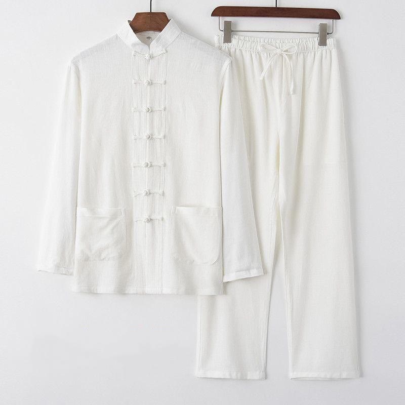 Ensemble 2 pièces pour homme, chemise à manches longues et pantalon en lin et coton, motif Buddha Stones - Blanc - US/UK/AU44，EU54 (4XL) - image 10