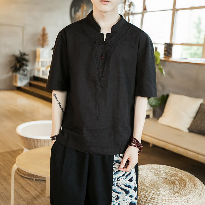 Chemise d'été en coton à manches courtes et col cranté pour homme, couleur unie, motif Buddha Stones