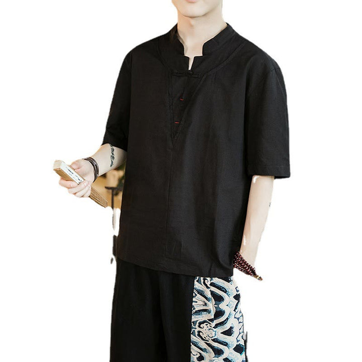 Chemise d'été en coton à manches courtes et col cranté pour homme, couleur unie, motif Buddha Stones