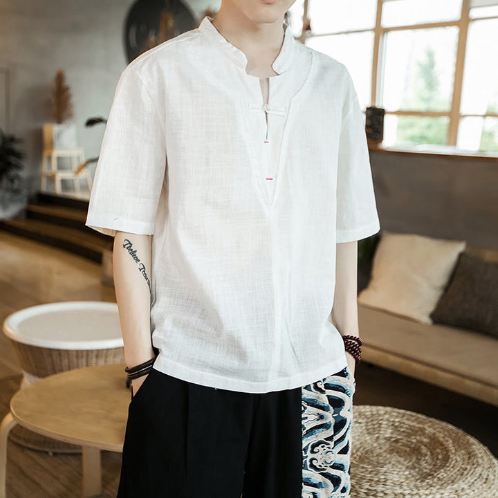 Chemise d'été en coton à manches courtes et col cranté pour homme, couleur unie, motif Buddha Stones