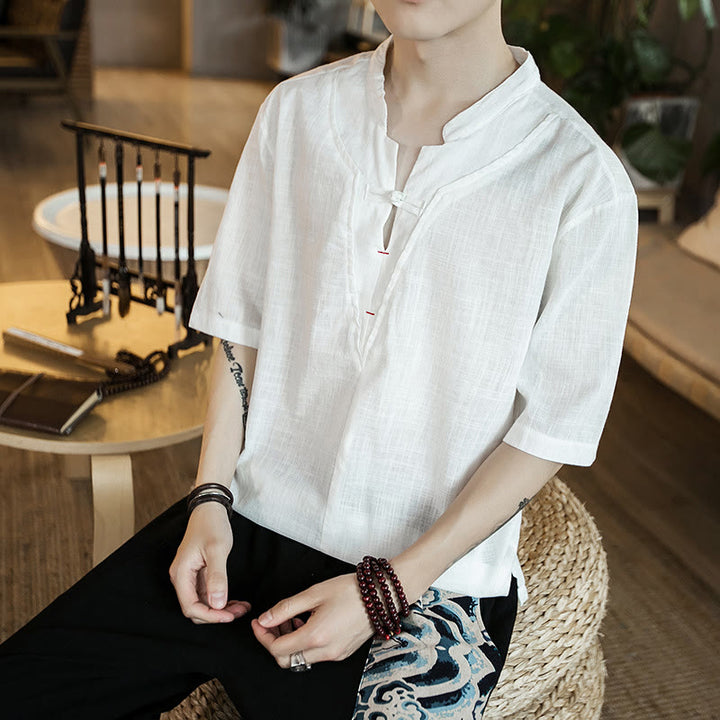 Chemise d'été en coton à manches courtes et col cranté pour homme, couleur unie, motif Buddha Stones - image 2