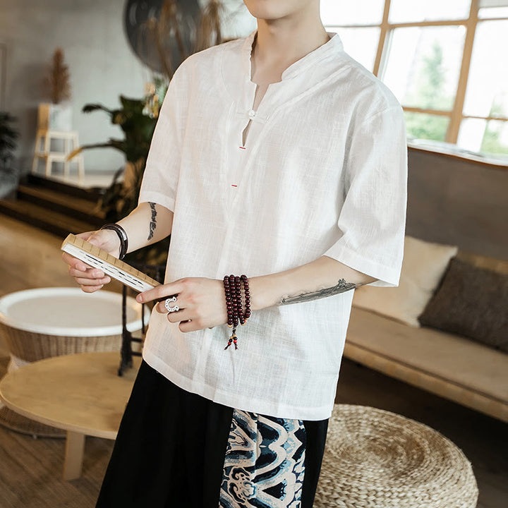 Chemise d'été en coton à manches courtes et col cranté pour homme, couleur unie, motif Buddha Stones - image 1
