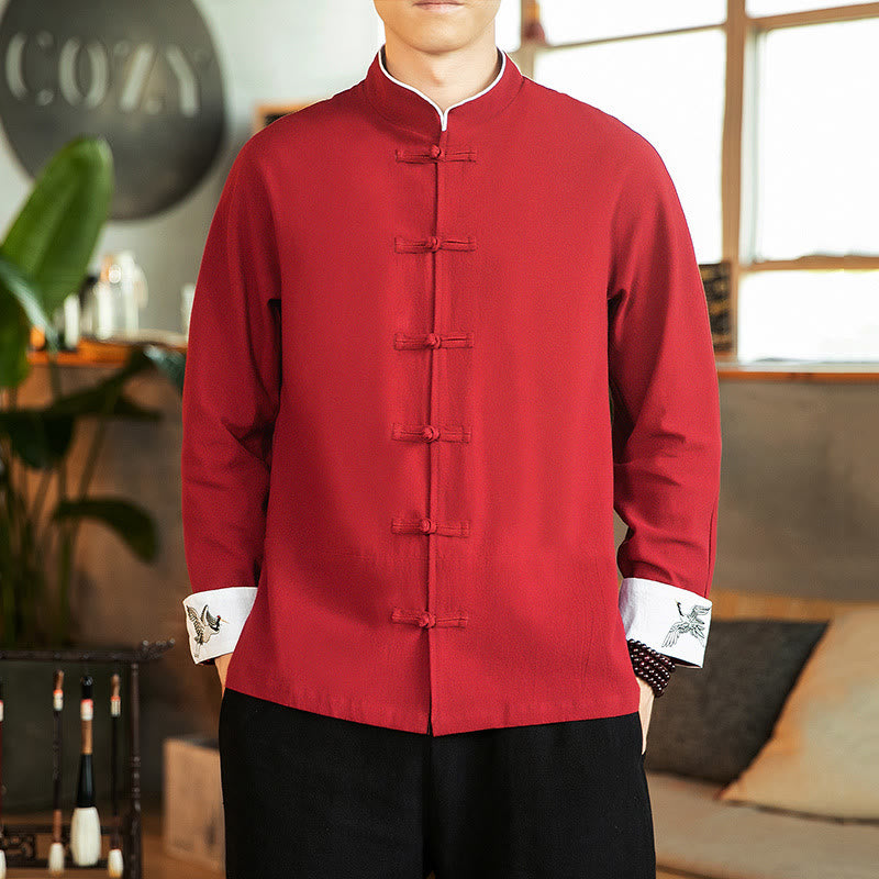Chemise homme en coton à manches longues avec broderie de grue et boutons de Buddha Stones - image 2