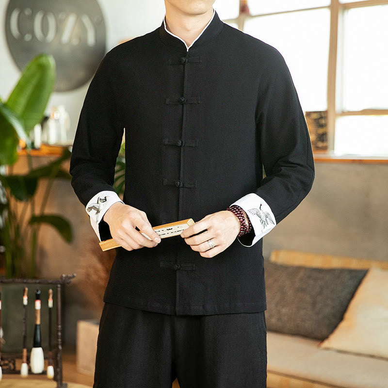 Chemise homme en coton à manches longues avec broderie de grue et boutons de Buddha Stones - Noir - US/UK/AU46，EU56 (5XL) - image 16