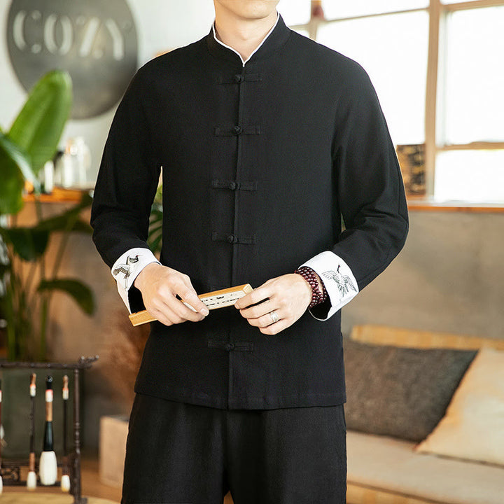 Chemise homme en coton à manches longues avec broderie de grue et boutons de Buddha Stones - Noir - US/UK/AU46，EU56 (5XL) - image 16