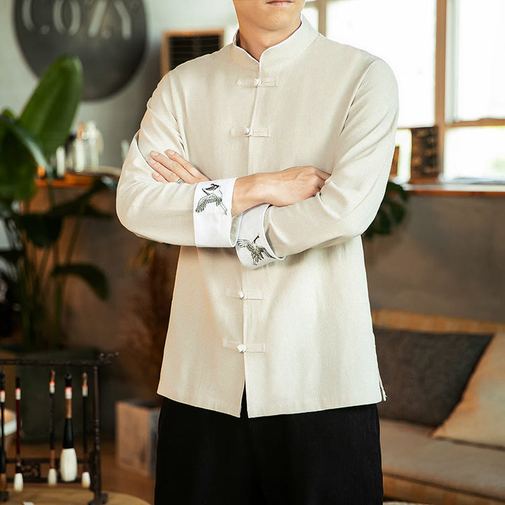 Chemise homme en coton à manches longues avec broderie de grue et boutons de Buddha Stones - Beige - US/UK/AU46，EU56 (5XL) - image 8