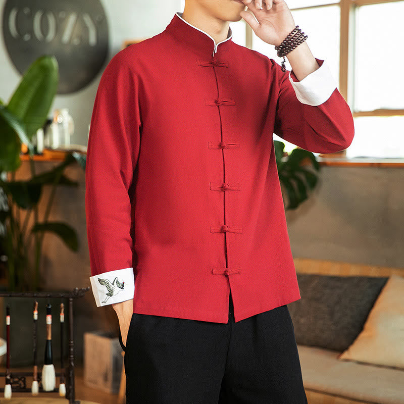 Chemise homme en coton à manches longues avec broderie de grue et boutons de Buddha Stones - Rouge - US/UK/AU46，EU56 (5XL) - image 0
