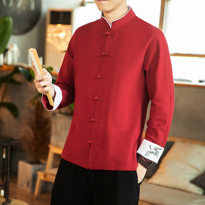 Chemise homme en coton à manches longues avec broderie de grue et boutons de Buddha Stones - image 3