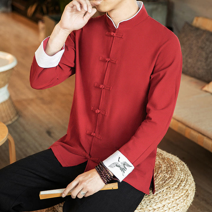 Chemise homme en coton à manches longues avec broderie de grue et boutons de Buddha Stones - image 4