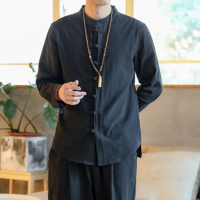 Chemise décontractée en lin à manches longues et col montant avec boutons grenouille et Buddha Stones pour homme - Noir - US/UK/AU46，EU56 (5XL) - image 6
