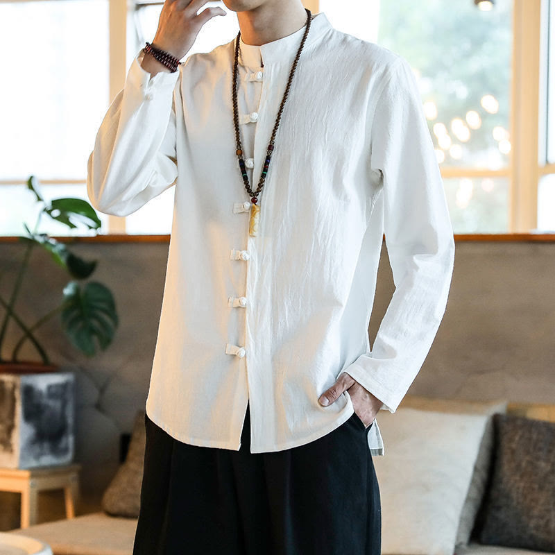 Chemise décontractée en lin à manches longues et col montant avec boutons grenouille et Buddha Stones pour homme - Blanc - US/UK/AU46，EU56 (5XL) - image 0
