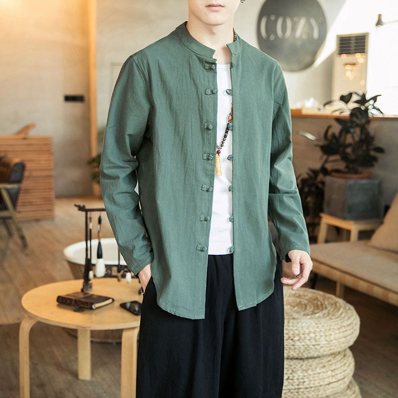 Chemise décontractée en lin à manches longues et col montant avec boutons grenouille et Buddha Stones pour homme - Vert foncé - US/UK/AU46，EU56 (5XL) - image 16