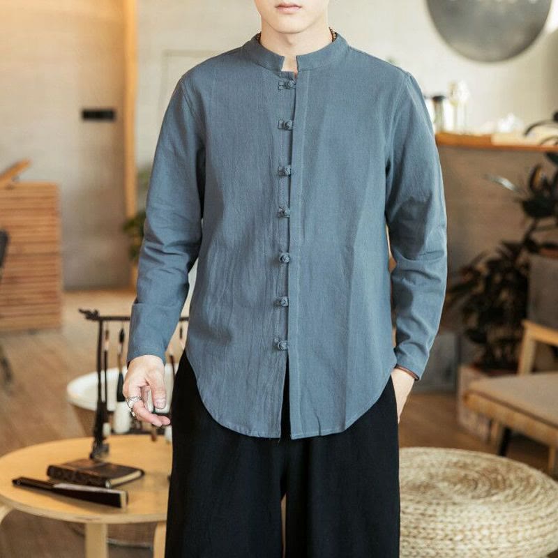 Chemise décontractée en lin à manches longues et col montant avec boutons grenouille et Buddha Stones pour homme - Gris terne - US/UK/AU46，EU56 (5XL) - image 10