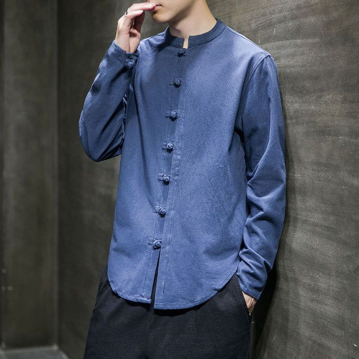 Chemise décontractée en lin à manches longues et col montant avec boutons grenouille et Buddha Stones pour homme - BleuetBleu - US/UK/AU46，EU56 (5XL) - image 14